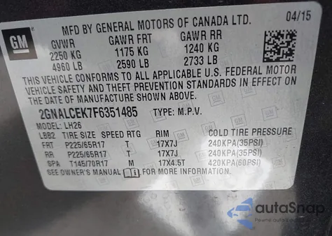 2015 Chevrolet Equinox Lt from USA, damaged, VIN 2GNALCEK7F6351485